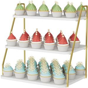VyGrow Cupcake Stand, 3Tier Dessert Stand for 55 Cupcakes, Wood & Metal Tower Display Premium Holder Dessert Tree Tower for Christmas Birthday Weddings Party Decor, Serving Tray (White & Gold)