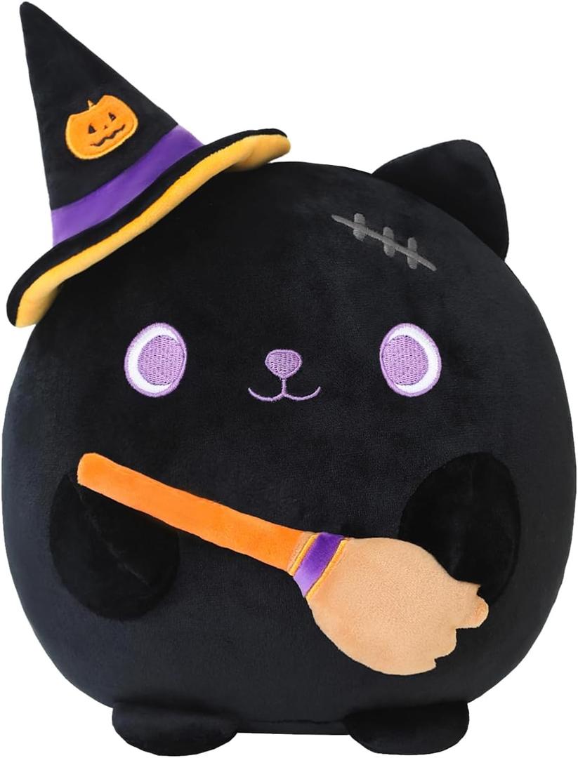 Halloween Cat Stuffed Animal Toy Mysterious Witch with Broom Stuffed Plush Home Decor Halloween Party Gifts for Kids Girls and BoysWitch Broom Cat 10 Inch