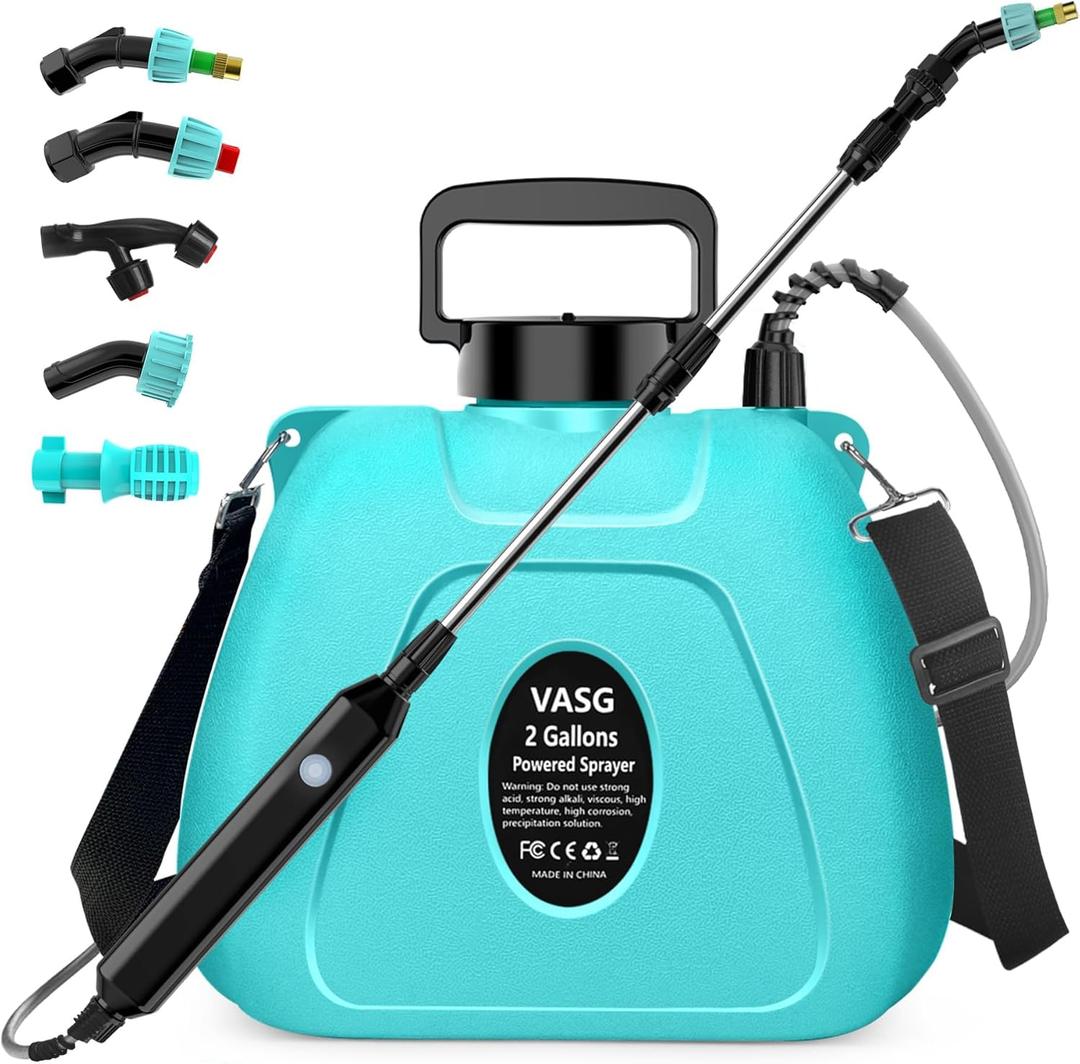 2 Gallon Battery Powered Garden Sprayer, Electric Backpack Sprayer, Garden Yard Lawn Sprayer with 5 Mist Nozzles & Retractable Wand & Adjustable Strap for Lawn, Weed, Yard