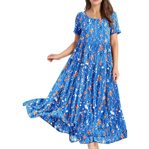 YESNO Women Casual Loose Bohemian Floral Dress with Pockets Short Sleeve Long Maxi Summer Beach Swing Dress EJF 2XL