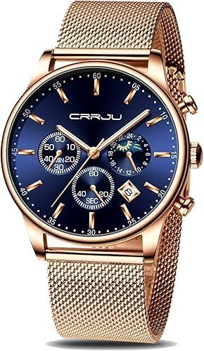 CRRJU Men's Fashion Casual Watches Auto Date Chronograph Watch Men Nice Work Watches Waterproof 30M Full Steel Quartz with Mesh Strap (Rose Blue)