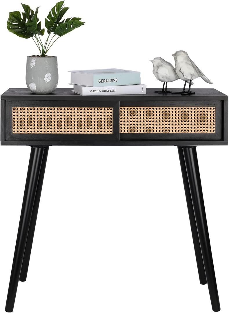 Console Table Small Entryway Table, Rattan Vanity Desk, 31" Console Tables for Entryway, Black Entry Table Narrow Modern Hallway Table Boho Sofa Table for Living Room