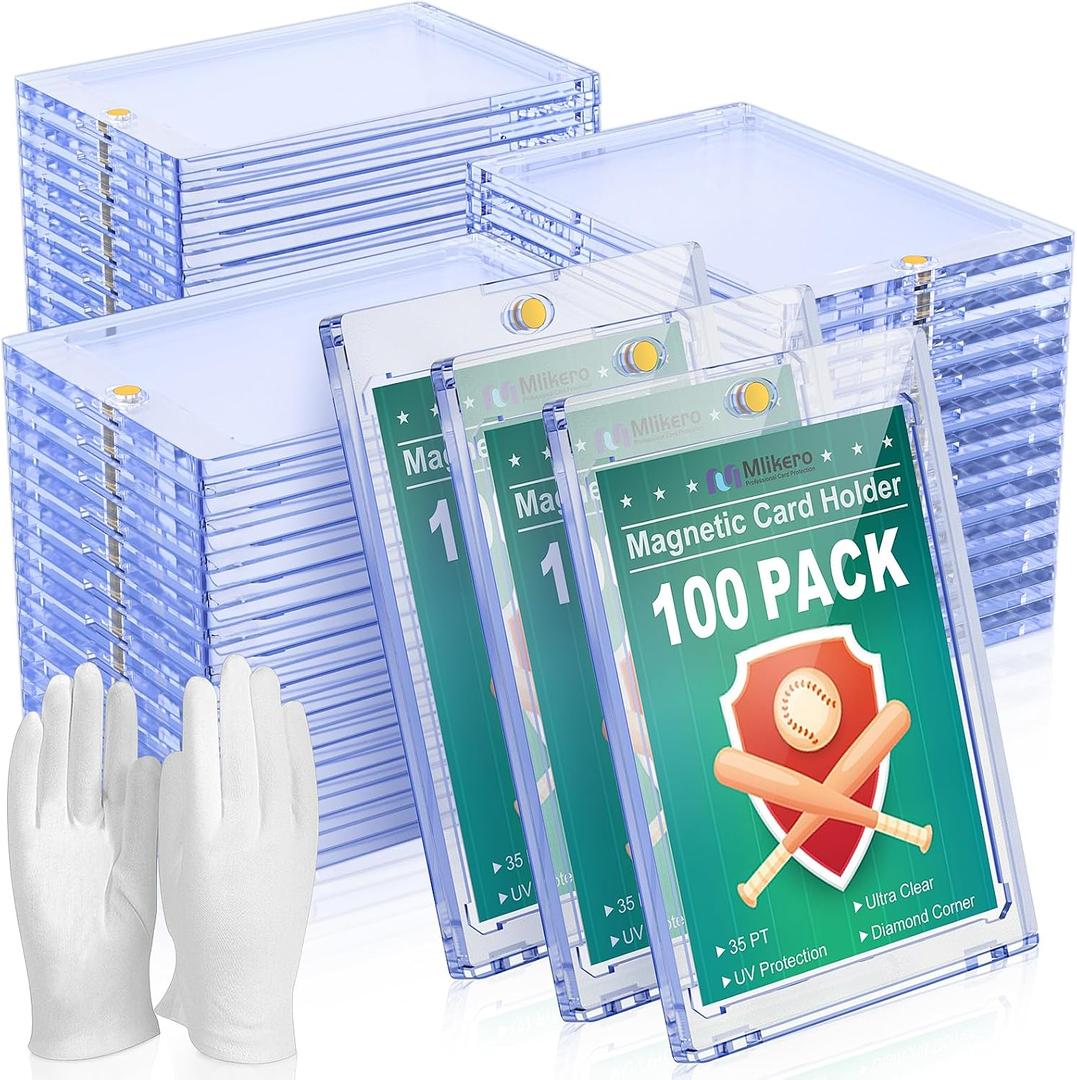 100 ct Magnetic Card Holder for Trading Cards, 35pt Ultra Clear Baseball Card Protectors, Hard Plastic Protectors for Sports and Game Cards