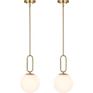 Modern Gold Globe Pendant Light White Globe Glass Shade 2 Pack Brushed Brass Finished Adjustable Rods Hanging Light Fixtures for Kitchen Island Living Room