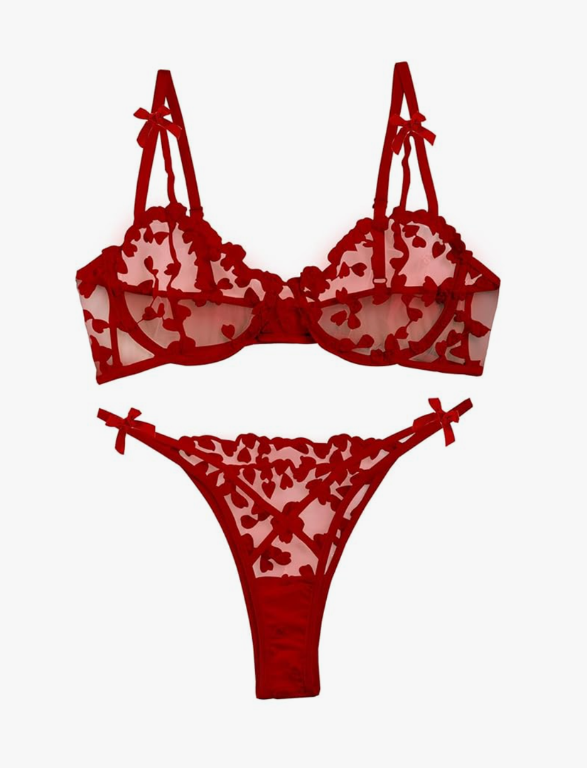 Lilosy Sexy Underwire Cute Push Up Strappy Embroidered Mesh Sheer Lingerie Set See Through Panty Bra(M)