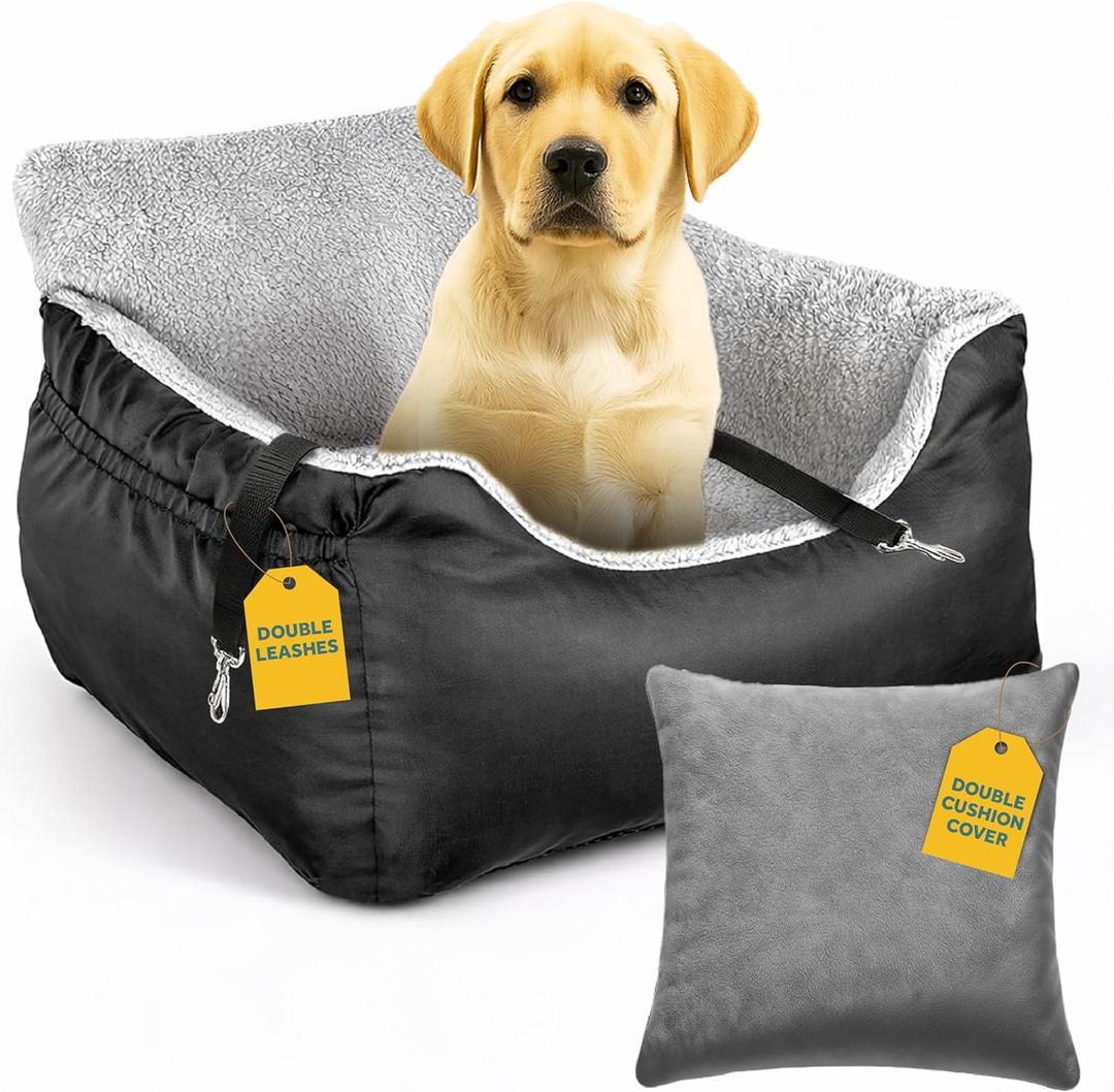 JOTADE Dog Car Seat for Small & Medium Dogs  Washable & Reversible Pet Travel Booster Seat, Double Safety Leashes, Anti-Slip Design, Extra Cushion Cover, Easy Install Puppy Car seat up to 35 lbs