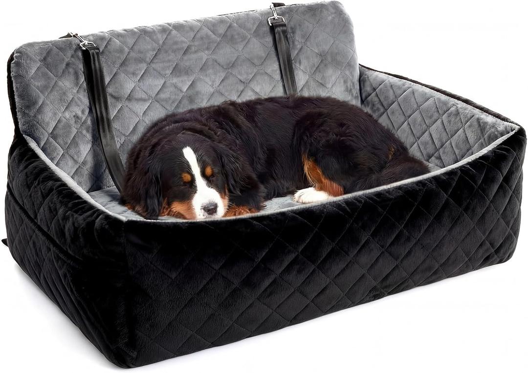 Garvee Extra Large Dog Car Booster Seat with Safety Belt, 3-Side Pet Travel Bed for 2 Medium Dogs, Waterproof & Non-Slip, Foldable Car Seat Cover for Truck SUV Sedan (Black+Dark Grey)