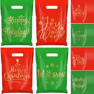 Chunful 100 Pcs Plastic Christmas Gift Bags with Handle Christmas Treat Goodie Bags Bulk Medium Red and Green Candy Cookie Snack Party Favor Handbags for Xmas Happy Holiday Gift, 7.9 x 11.8 Inch