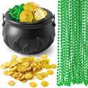 JOYIN 119 Pcs St. Patricks Party Supplies Set, 18 Green Bead Necklaces, 100 Plastic Coins & 1 Cauldron, St Patricks Day Party Favor Supply (Black Cauldron, Green Bead Necklace & Gold Coins)