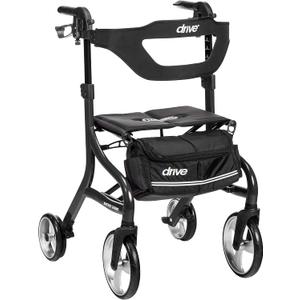 Drive Medical Nitro Sprint Foldable Rollator Walker with Seat - Lightweight Support - Large Wheels - Compact Folding Design - Adjustable Comfort - Tall Size - Black