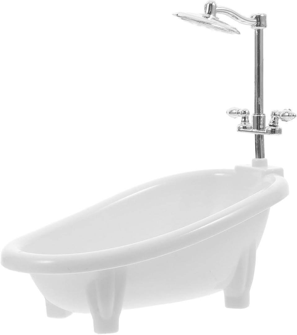 VICASKY Mini Toy Bath Tub,1/12 Scale White Baby Doll Bathtub Clawfoot Bathtub with Shower Faucet Model Water Bath Toy for Doll House Bathroom Furniture