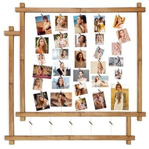 Wood Picture Frames Collage,Photo Display Hanging Picture Board Wall Decor for Graduation Letter Postcard Greeting Card Organizer,Pine,Adjustable Bead String,2 Pack,(Carbonized Brown)