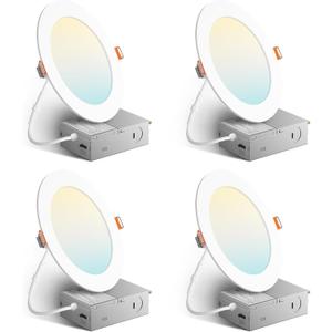 Amico 4 Pack 6 Inch 5CCT Ultra-Thin LED Recessed Ceiling Light with Junction Box, 2700K/3000K/3500K/4000K/5000K Selectable, 1050 Lumens, Dimmable Canless Wafer Downlight, 12W Eqv 110W-ETL&FCC