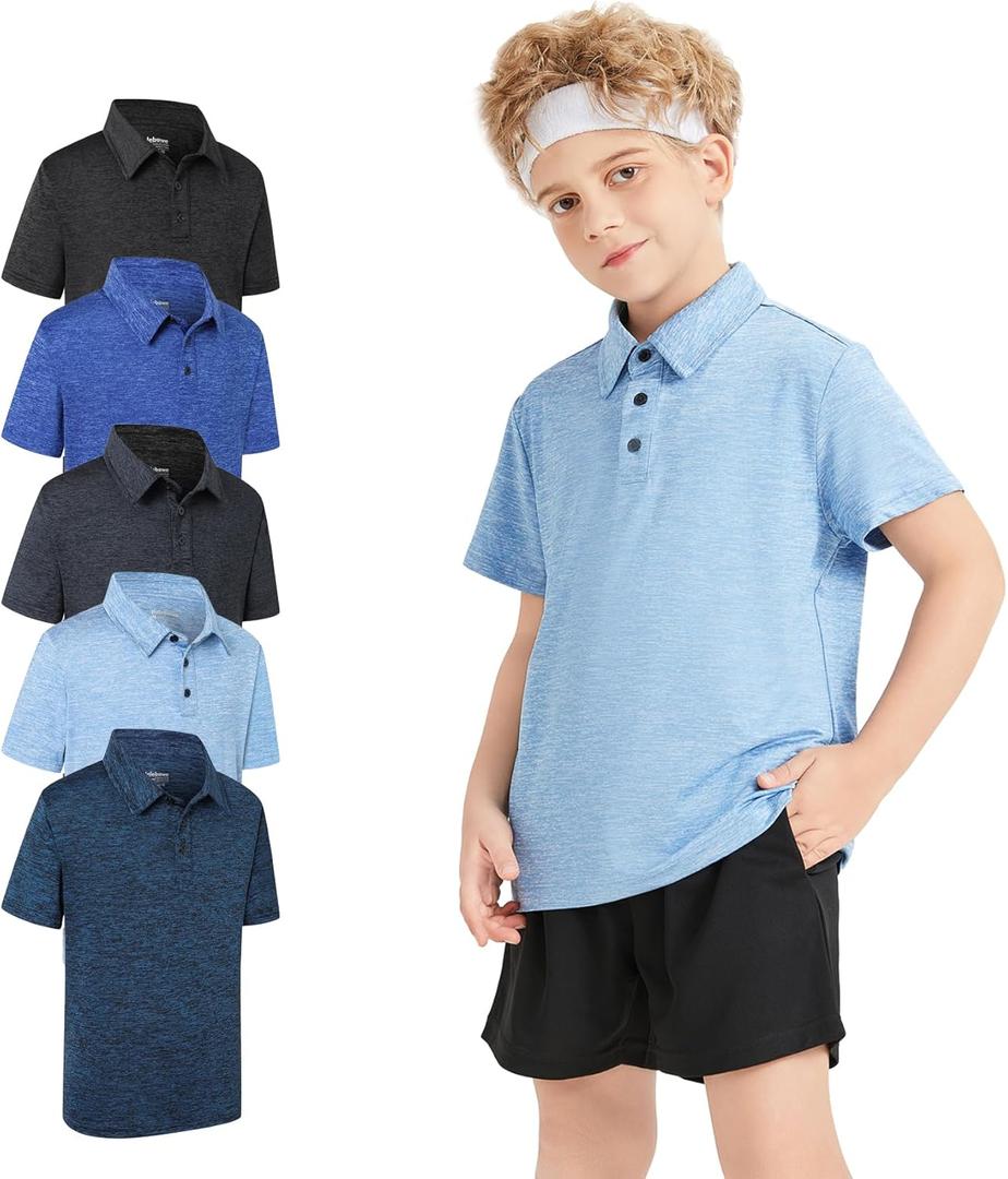 5 Pack Boys&Girls Athletic Polo Quick Dry Short Sleeve Youth Performance Activewear Golf Shirt for Kids (Large)
