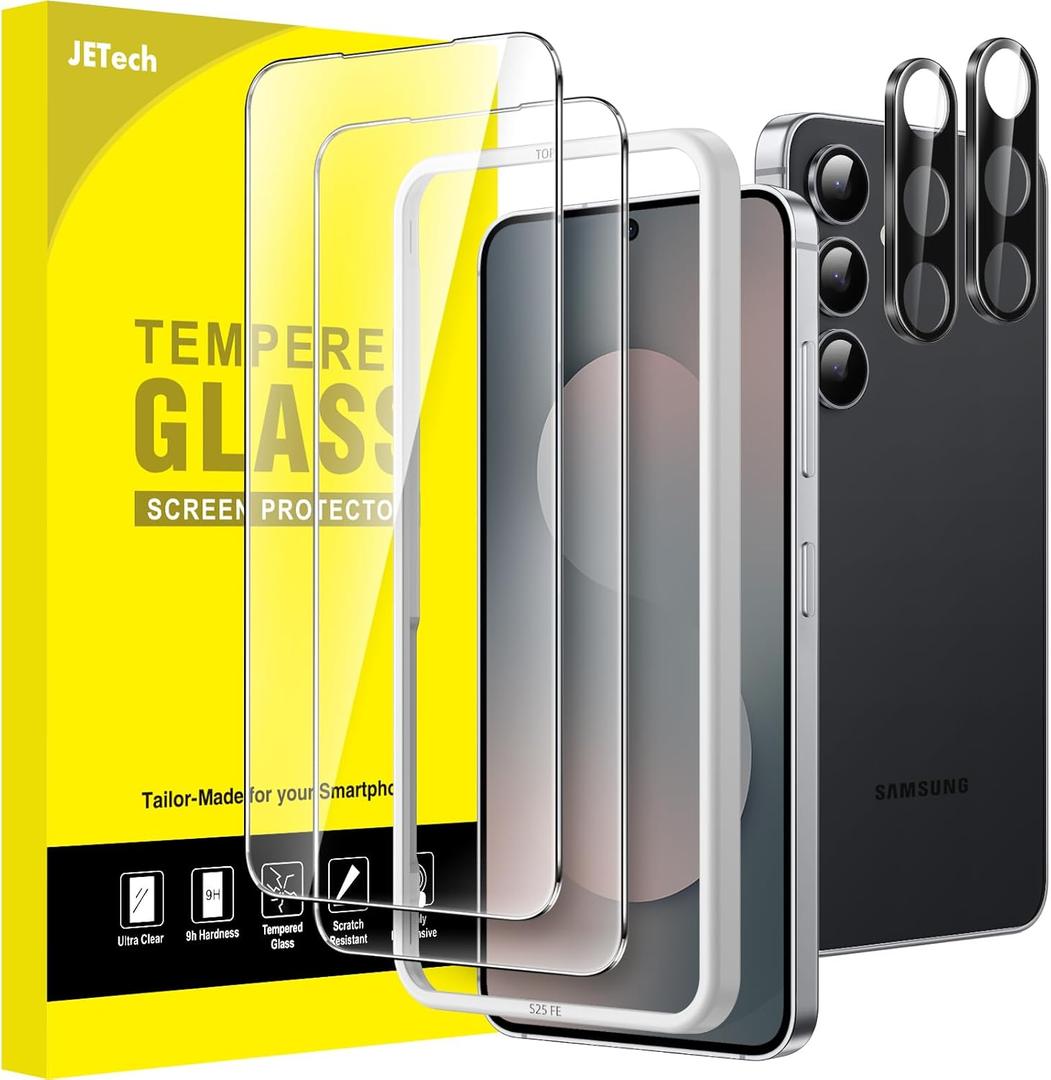 JETech Screen Protector for Samsung Galaxy S25 FE with Camera Lens Protector, 9H Tempered Glass Film with Easy Installation Tool, Fingerprint ID Compatible, HD Clear, 2-Pack Each