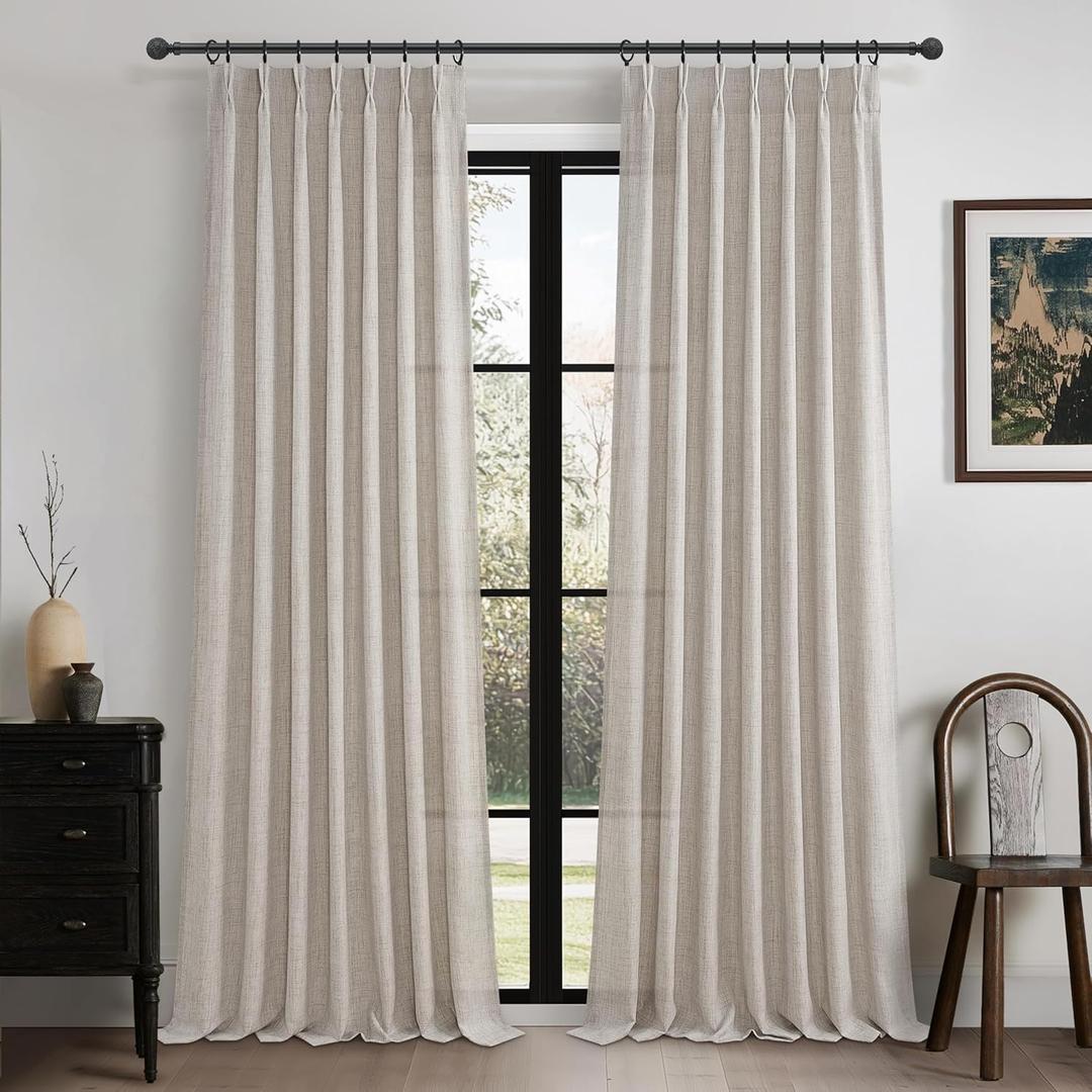 Pleated Greyish Brown Light Filtering 102 Inch Long Curtains 2 Panels Set for Sliding Glass Door, Country Pleat Flax Linen Semi Sheer Window Drapes Bedroom Privacy Viral Curtain 102 Inches Length Burg