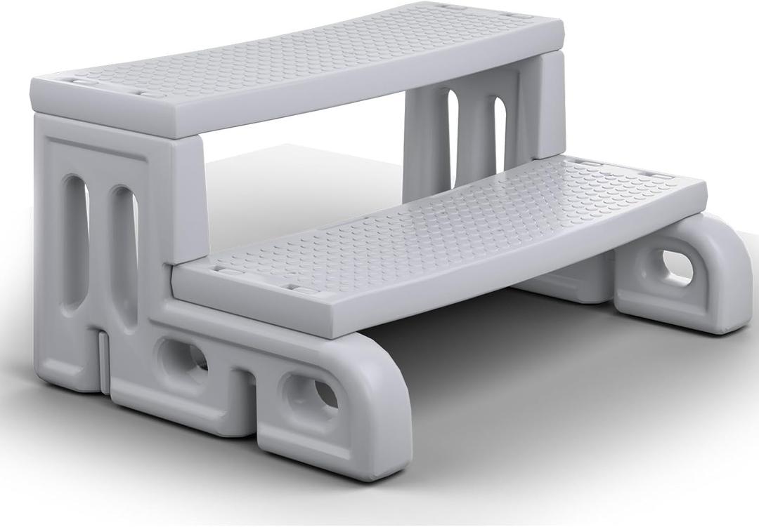 Hot Tub Steps, Non-Slip Spa Steps for Outdoor Hot Tub, 2-Step Heavy Duty RV Steps and Stairs for Camper, Waterproof Resin Patio Steps, Easy Assembly with Installation Video Grey