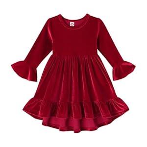 YOUNGER TREE Toddler Baby Girls Fall Clothing Solid Cotton Pit Irregular Skirt Winter Dress Long Sleeve Skirt Outfits(Velvet Red, 2-3T)