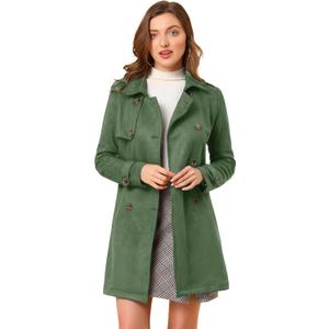 Allegra K Women's Faux Suede Trench Coat Notched Lapel Double Breasted Jacket with Belt (Medium, Green)