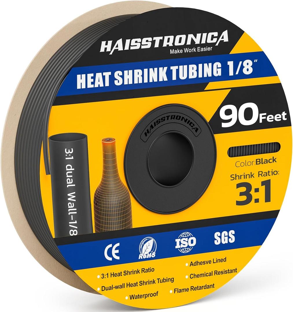 haisstronica 3:1 Heat Shrink Tubing, Shrink Ratio Adhesive Lined Marine Grade Heat Shrink Tube for Home, Automotive and Industrial (Black) 90FT 1/8inch