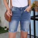 Fuwenni Womens Casual Denim Shorts Bermuda Stretchy Trendy Distressed Frayed Raw Hem Jean Shorts Denim Blue M