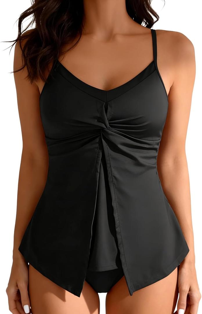 Aidonger Tankini Swimsuits for Women Tummy Control Twist Front V Neck Bathing Suits Two Piece Flowy Swimwear with Shorts (Large, Black)