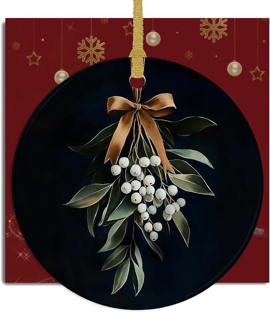 Antique Mistletoe Ceramic Christmas OrnamentsXmas Gift Ornament for Women, Dark Academia Mistletoe Decor Ornaments for Christmas TreeGold Bow Botanical Hanging Ornament for Xmas Tree,3x3