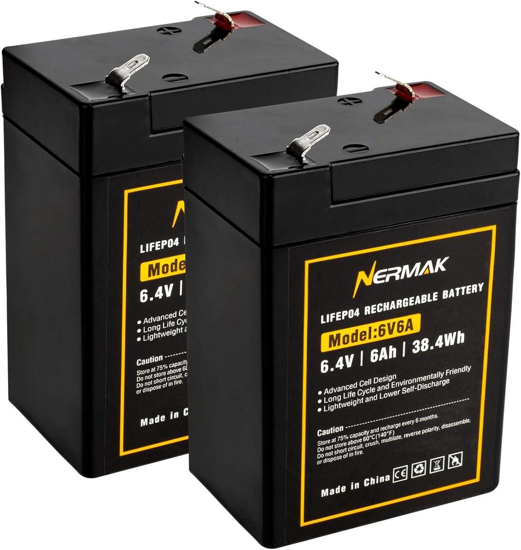 6V 6Ah Lithium LiFePO4 Battery 2 Pack, 2000+ Cycles Rechargeable Lithium Iron Phosphate Battery for Emergency Light, Game Feeder, Kids Ride On Car and More with BMS (F1 Terminals)