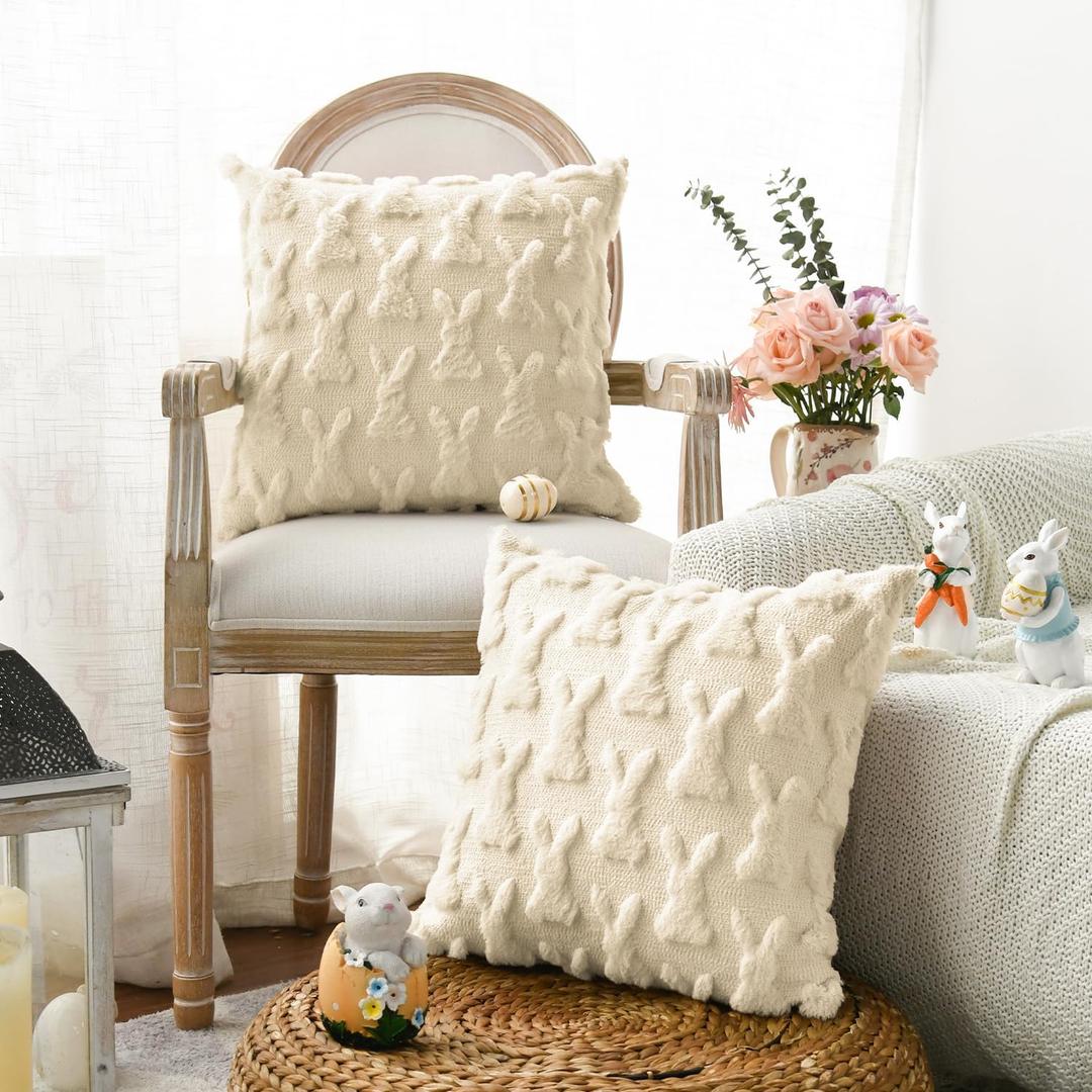 AVOIN colorlife Easter Rabbits Beige Throw Pillow Cover, 18 x 18 Inch Bunny Soft Plush Faux Fur Jacquard Cushion Case Decoration for Sofa Couch Set of 2