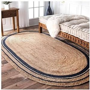 Vipanth Natural Jute Handmade Area Rug Indian Rug, Rustic Rug in Oval Shape for Home Decor, Kitchen, Hallway, Living Room (36 x 72 Inch Oval (3x6 Feet), Beige with Black Line)