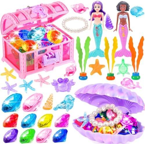 FUNCREVITY Mermaid Toys Diving Toys with Shell Treasure Chests and Storage Bag Swimming Pool Games Summer Water Gift Set for Kids Toddlers Girls Boys