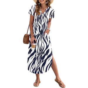 MISFAY Women's Summer Casual Maxi Dress 2026 Short Sleeves V Neck Loose Sundress Split Long Beach T Shirt Dress Vacation Outfits(Navy Blue Leaf,S) (S)