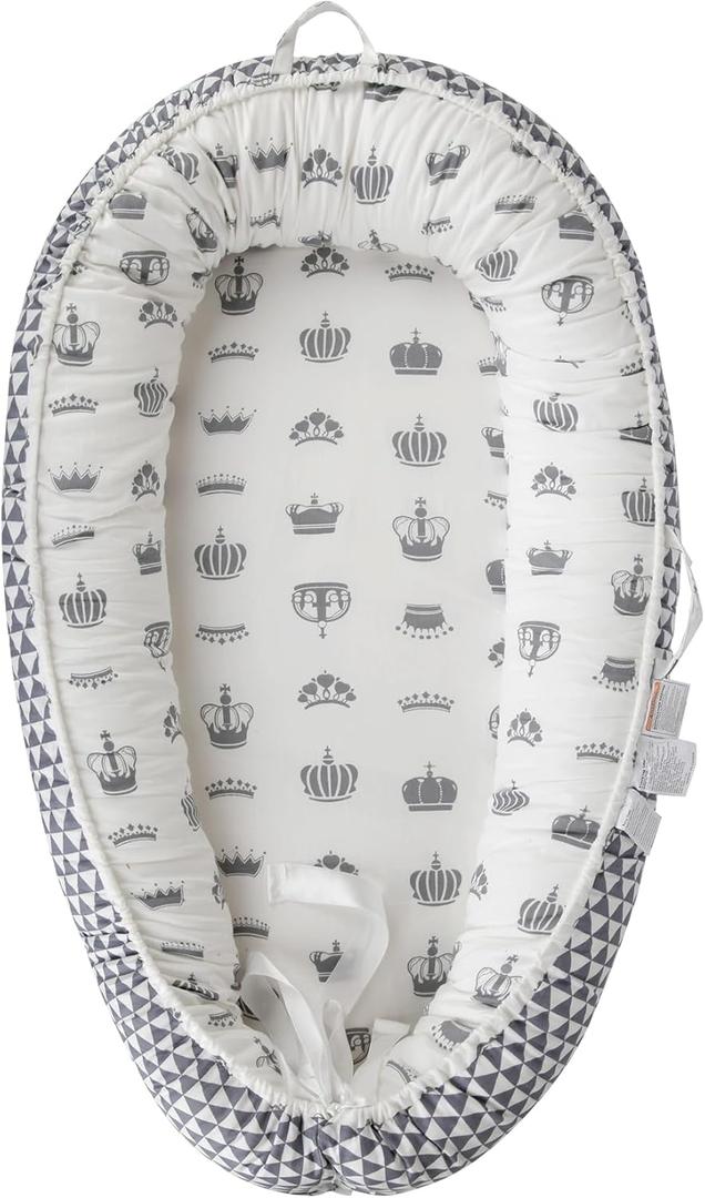 LOOPAN Baby Lounger for Newborn 0-24 Months, Pure Cotton Breathable Baby Nest Cover, Newborn Essentials for Boys&Girls, Portable Infant Bed for Home and Travel (Crown)