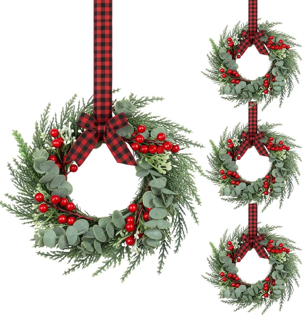 4 Pcs 8" Mini Christmas Wreaths for Kitchen Cabinet Small Christmas Candle Rings Wreaths, Front Door Pillars/Home Table Centerpieces Hanging Garlands, for Windows/Wedding Decor (No Red Ribbon)