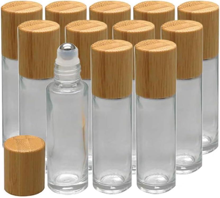 12Pcs 10ml Glass Roll On Bottle with Bamboo Lid for Essential Oils, Creatiee Eco-friendly Refillable Clear Perfume Sample Bottles with Stainless Steel Roller Ball - Portable & Practical