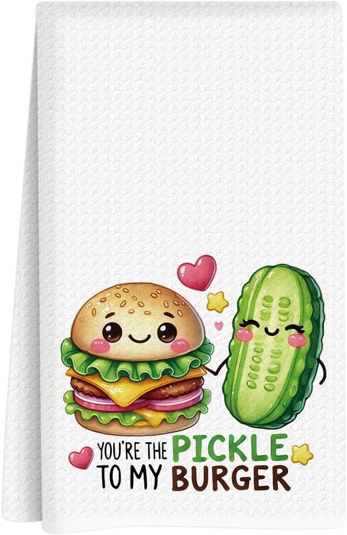 Valentines Day Kitchen Towels, Valentines Day Decorations, Gift for Her Him Boyfriend Girlfriend, Funny Food Pun Pickle and Burger Dish Towels, Anniversary Decoration Hand Towel 14x24 Inch