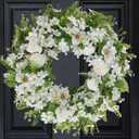 White Faux Silk Flower Spring Summer Easter Wreath 20-22" for Front Door  Anemone Daisy Tagetes Erecta Green Eucalyptus and Fern Leaves  Farmhouse Front Porch Wreath, Outdoor Indoor Use