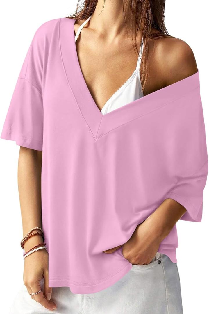 REORIA Women's Trendy Oversized V-Neck T Shirt Drop Shoulder Contrast Stitching Loose Fit Tops for 2026 Spring Summer (XL)