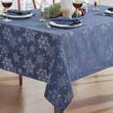 Newbridge Fancy Metallic Snowflake Christmas Fabric Tablecloth, 60 x 144 Inch Rectangle, Navy Silver, No-Iron Soil Resistant Sparkling Snowflakes Woven Holiday Table Cover