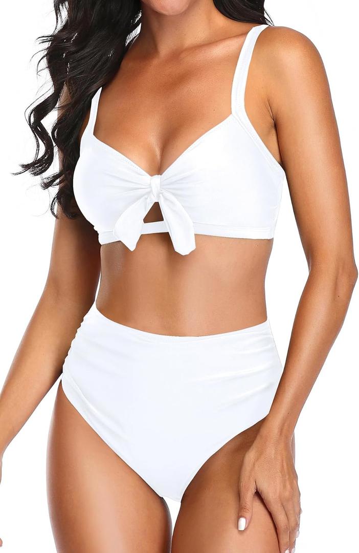 Tempt Me Pure White Two Piece Swimsuits - High Waisted Bikini Tummy Control Full Coverage Bathing Suits Ruched Tie Knot Swimwear M