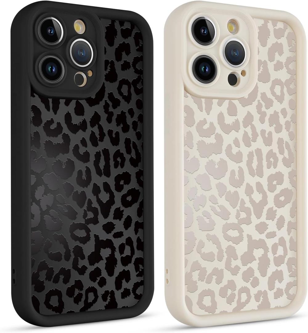 2 Pack Cute Cheetah Print Phone Cases for iPhone 15 Pro Case 6.1", Aesthetic Cool Leopard Pattern Design Cover Shockproof Soft Slim TPU Full Camera Lens Protective Funda for Women Girls (Black and Off White Leopard)