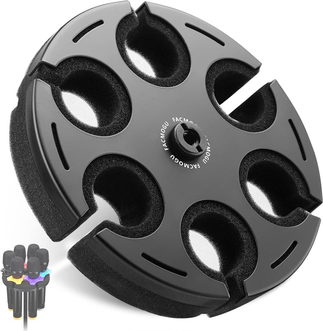 Facmogu Multi Microphone Holder, Aluminum Multi Mic Holder Holds Up to 6 Mics for Organizer & Display, Wired and Wireless Mic Holder w/ 3/8"-16 Threaded Adapter for Stand (Color Mic Ring Not Included) (Round)
