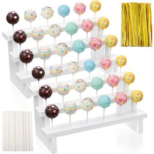2Pcs Wood Cake Pop Stand Display Riser, 3-Tier White Lollipop Holder with 200 Twist Ties & 200 Sticks for Wedding Birthday Party Dessert Table
