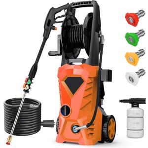 5000PSI Electric Pressure Washer - 2025 New Electric Power Washer with Upgraded 33ft Pressure Washer Hose Reel, Foam Cannon, 4 Nozzle Set, Power Washer for House/Patios/Car/Fence, Orange