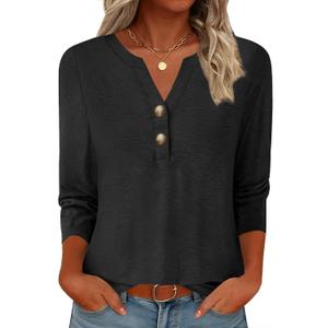 GKBK Womens Tops 3/4 Sleeve V Neck Button Down Henley Shirts Business Casual Outfit Basic Tees Summer Top 2026, Black, XX-Large