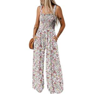 Dokotoo Women's Casual Loose Overalls Jumpsuits One Piece Sleeveless Printed Wide Leg Long Pant Rompers With Pockets (Large, Light Pink)