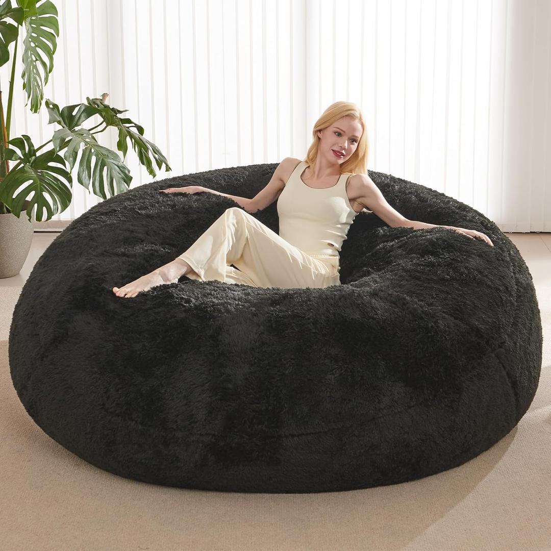 Bean Bag Cover (No Filler), Faux Fur Beanbag Chairs Covers Only, Stuffed Animal Storage Bean Bag, Giant Washable Beanbag Cover Without Filling, 7FT, Black