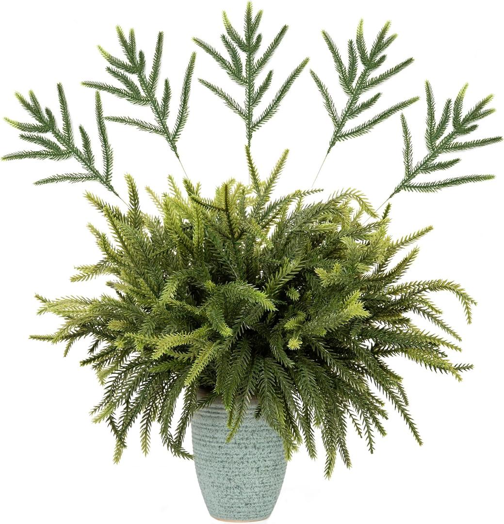 24 Pcs Norfolk Pine Stems, 13.8" Artificial Faus Pine Branches, Real Touch Pine Branch, Christmas Greenery Stems Pine Pick for Vase, DIY Garland, Wreaths, Home, Wedding, Garden, Holiday Decor