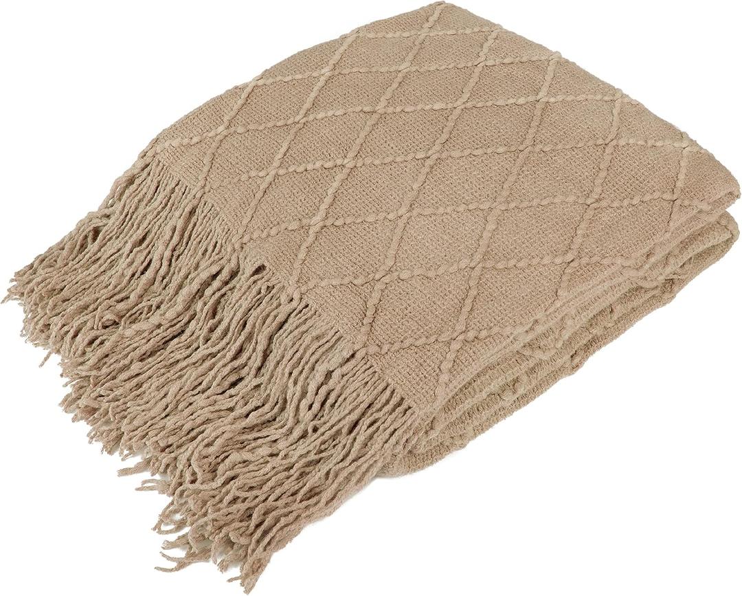 PAVILIA Tan Taupe Knit Throw Blanket for Couch Bed, Soft Knitted Farmhouse Sofa Throw for Living Room, Lightweight Decorative Fall Throw Blanket for Chair, Outdoor Textured Boho Blanket, 50x60