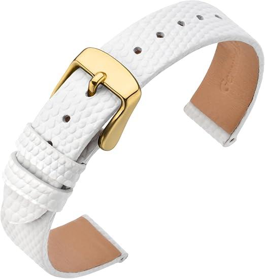 ANNEFIT Women's Leather Watch Band 12mm Lizard Grain Slim Thin Replacement Strap White/Gold Buckle